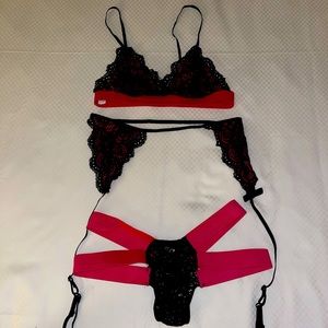 Pink and black 3 piece lingerie